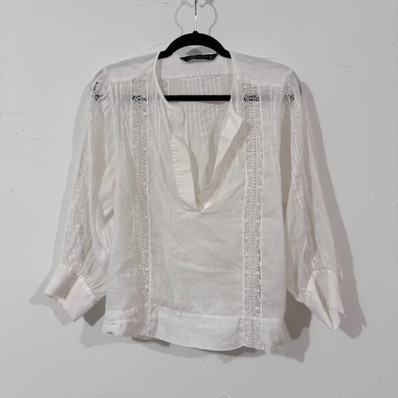 ZARA White Embroidered Boho Blouse Top Size L Peasant Tunic Long Sleeve - Picture 1 of 6
